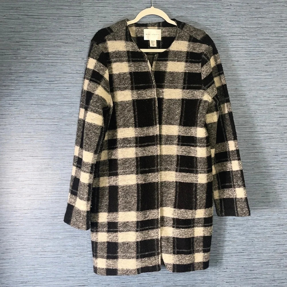Max Studio Wool Blend Plaid Coat/Long Cardigan - Black & White